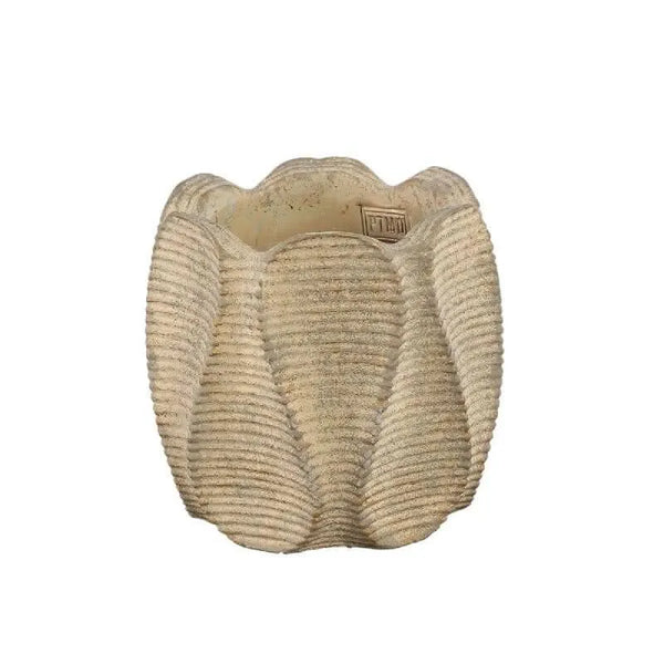 Waxy Brown cement pot wavy rib pattern round L