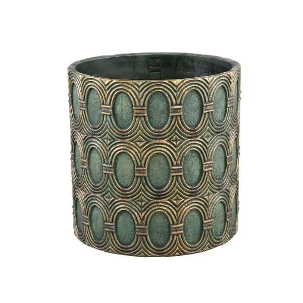Kamilla Green cement round pot gold art deco big M