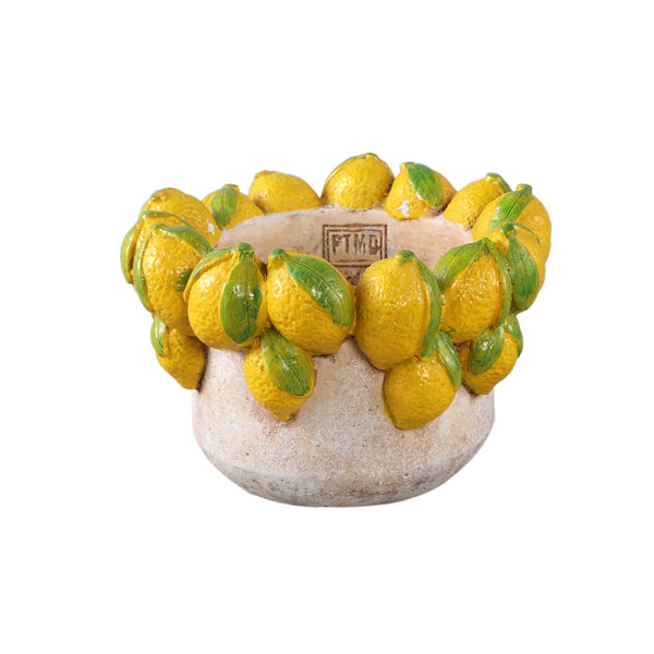 Latesha Yellow round cement pot with lemons L