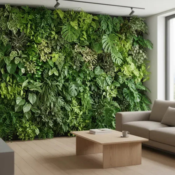 Parete verde verticale in soggiorno moderno con piante lussureggianti
