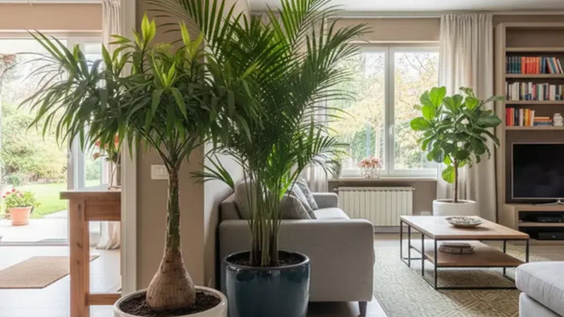 Ingresso e soggiorno di casa con Beaucarnea Kentia Ficus lyrata in vasi ceramica ottobre