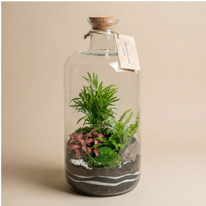 Terrarium bottiglia Alba 19x43cm con palma, fittonia rosa, felce e muschio, tappo sughero