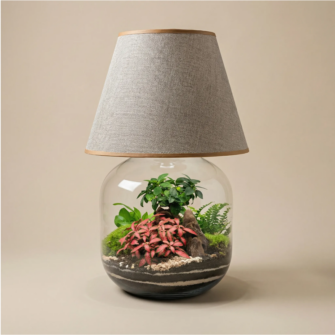 Lamparium Martina 23.5x47cm con bonsai, fittonia rosa, felce e muschio, paralume tortora