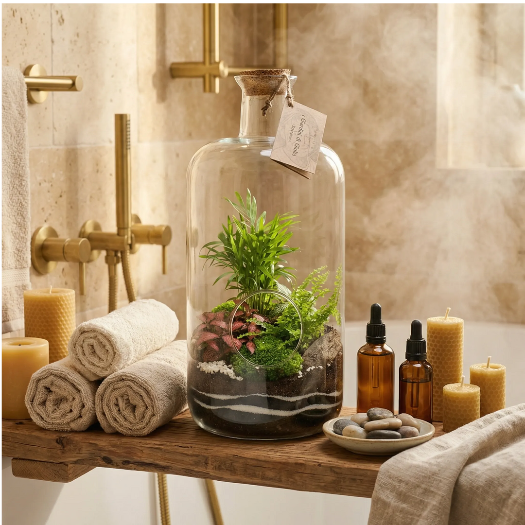 Alt text: Terrarium bottiglia Alba in bagno spa con asciugamani lino, candele e prodotti naturali