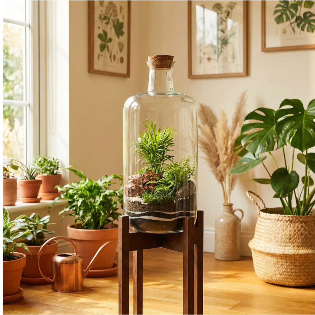 Terrarium bottiglia Alba in angolo verde con piante, vasi terracotta e annaffiatoio rame