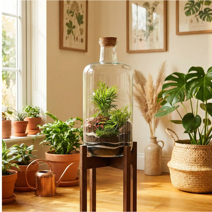 Terrarium bottiglia Alba in angolo verde con piante, vasi terracotta e annaffiatoio rame