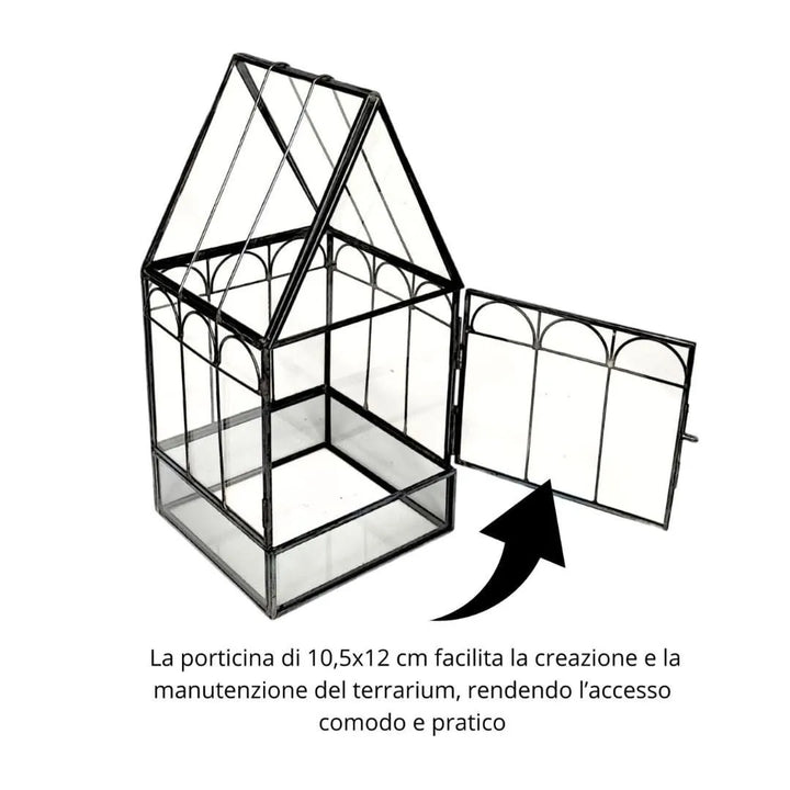 Terrarium geometrico in vetro trasparente con struttura in metallo nero e apertura frontale