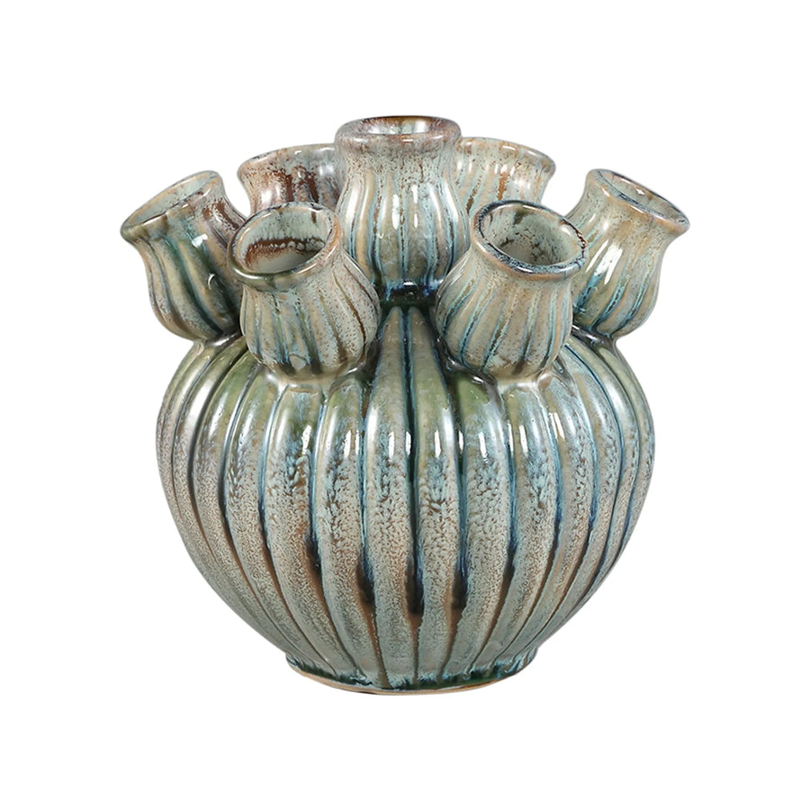 Nolou Turquoise ceramic tulip vase ribbed round XS - i Giardini di Giulia  
