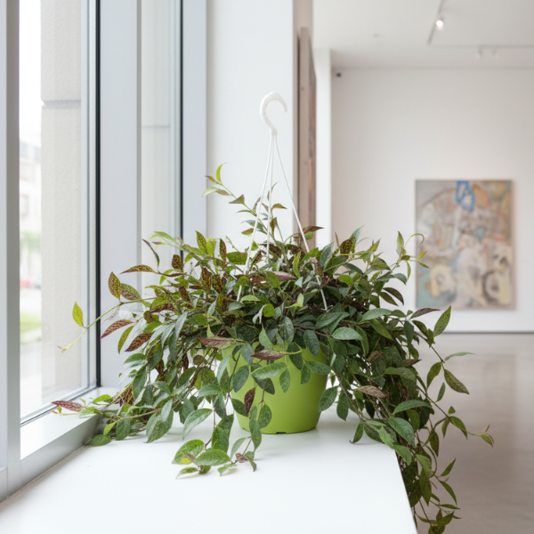 Aeschynanthus marmorata pianta ricadente variegata su davanzale in vaso verde, pianta da interno decorativa
