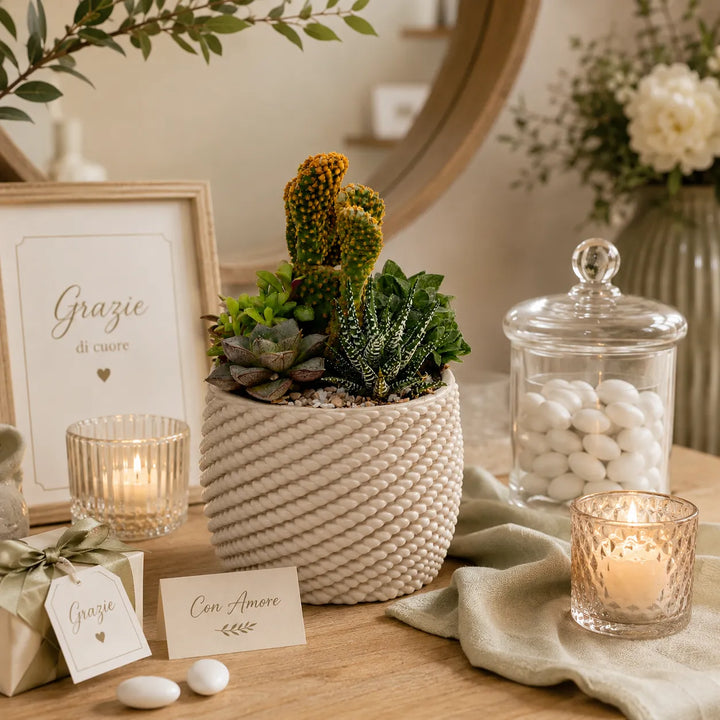 Vaso artigianale Carina con composizione di cactus e piante succulente, ideale come bomboniera solidale o regalo green per cerimonie ed eventi.