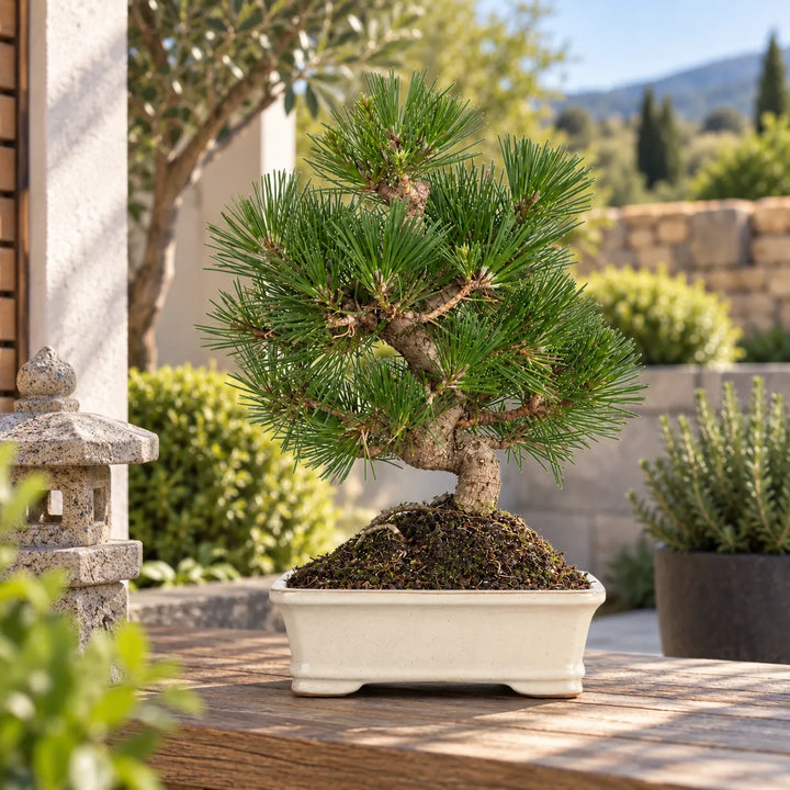 Bonsai Pinus Thunbergii di 12 anni in vaso rettangolare bianco, ambientato su tavolo in legno in un giardino luminoso