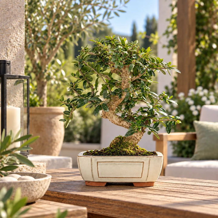 Bonsai Olea Europaea Sylvestris di 9 anni in vaso rettangolare chiaro, ambientato in uno spazio esterno mediterraneo