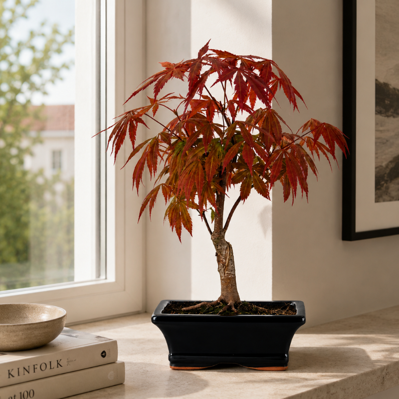 Bonsai Acer Palmatum con foglie rosse decorative in vaso nero lucido posizionato vicino a una finestra luminosa in ambiente moderno.