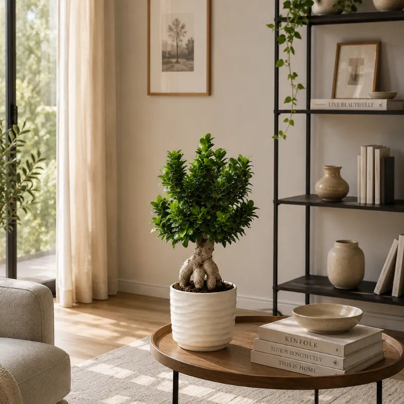 Bonsai Ficus Ginseng in vaso Cindy bianco ondulato su tavolino in legno in soggiorno luminoso dallo stile naturale.