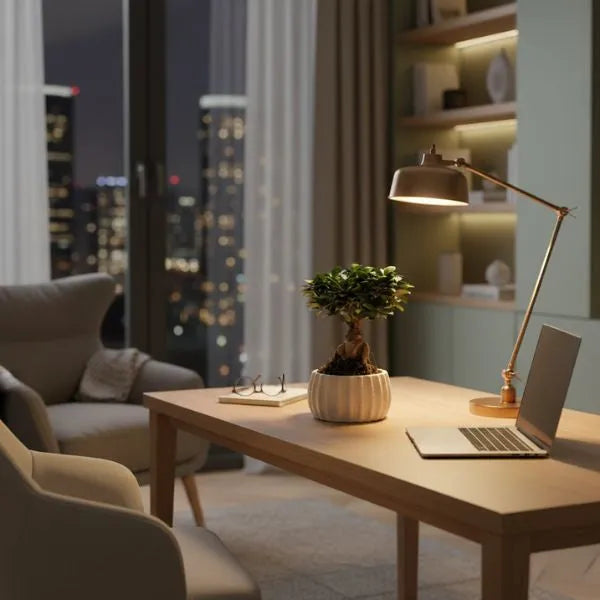 Bonsai Ficus Ginseng - vaso ceramica Dioniso Basso su scrivania in ambiente domestico