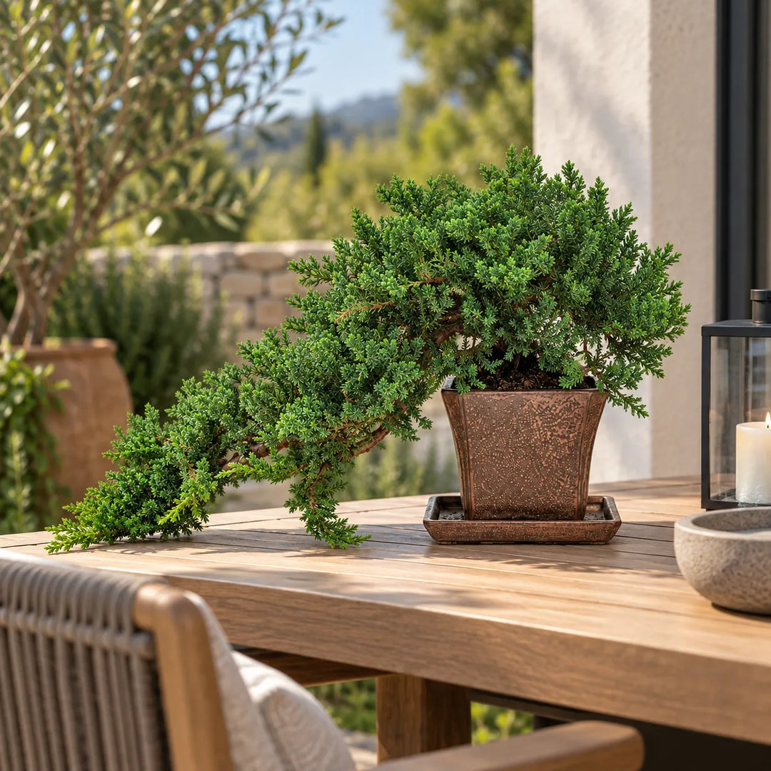 Bonsai Juniperus Procumbens di 14 anni con caratteristica chioma ricadente, ambientato su tavolo in legno all'aperto