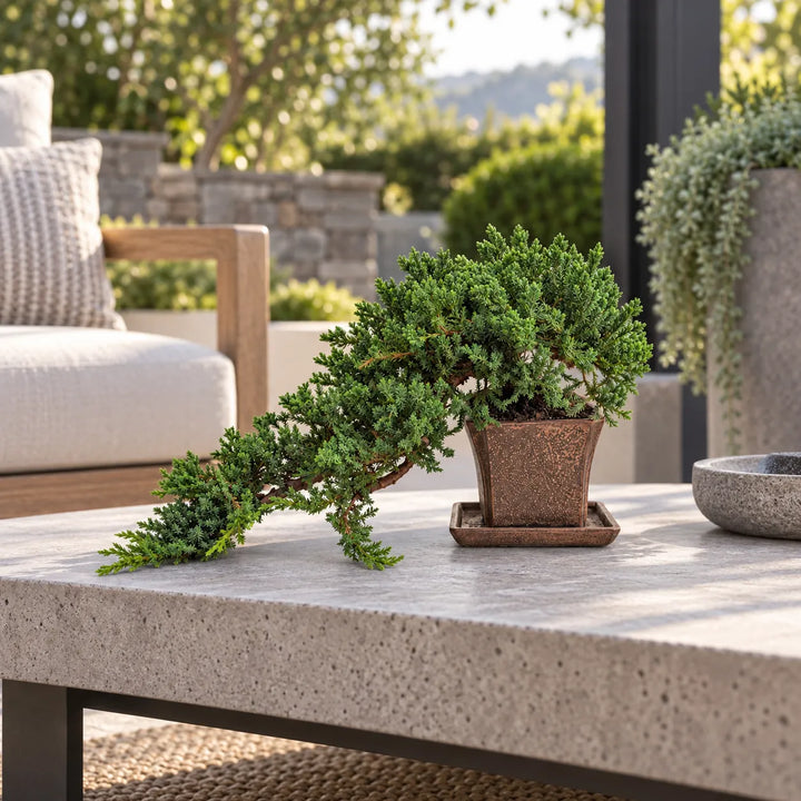 Bonsai Juniperus Procumbens di 14 anni con portamento prostrato, in vaso bonsai marrone su tavolo in terrazza moderna