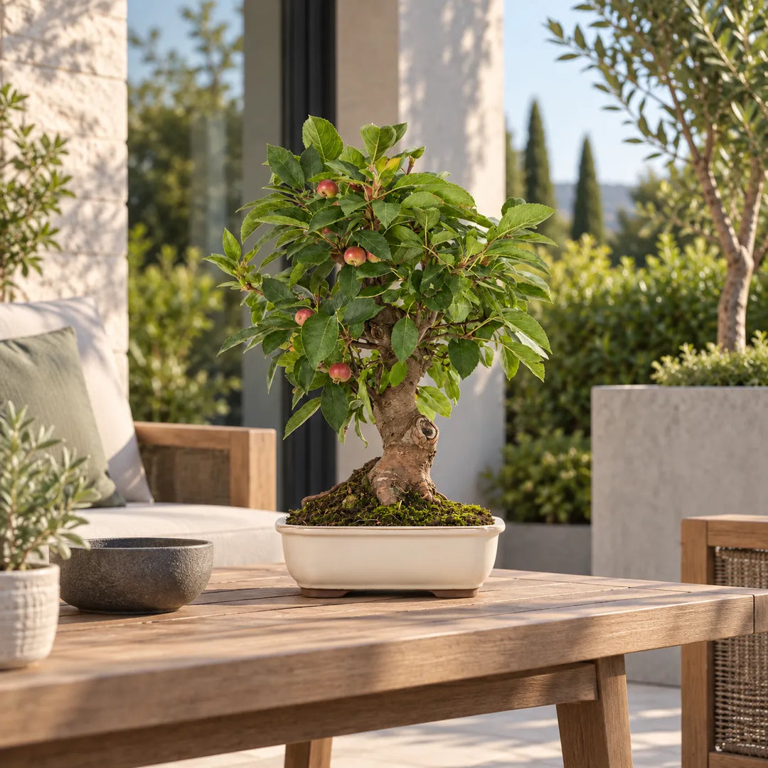Bonsai Melo di 18 anni con tronco maturo e piccoli frutti rossi, esposto su tavolo in legno in una terrazza luminosa