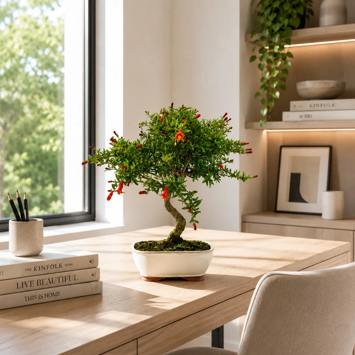 Bonsai Melograno con piccoli fiori rossi in vaso bianco posizionato su scrivania in legno in soggiorno moderno con luce naturale.