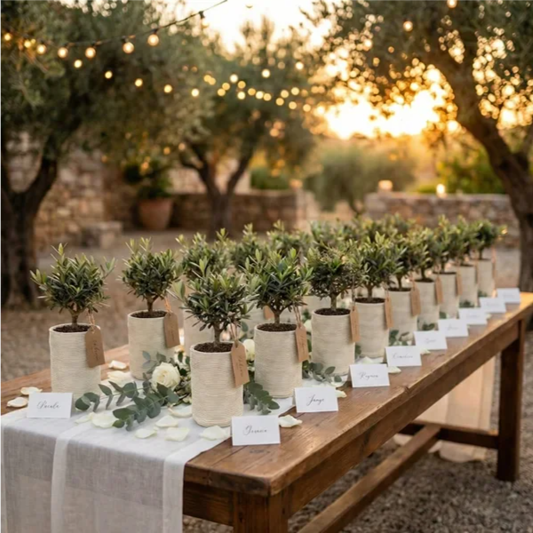 Fila di bonsai olivo Andromeda in vaso bianco utilizzati come bomboniere matrimonio su tavolo in legno decorato con luci e dettagli naturali.