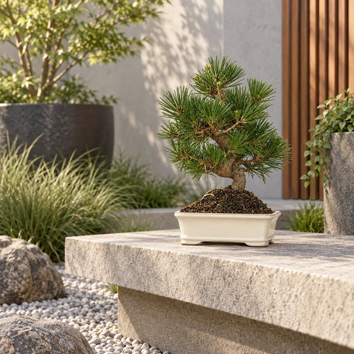 Bonsai Pinus Thunbergii di 12 anni con chioma verde e tronco modellato, esposto in vaso bianco in un giardino moderno