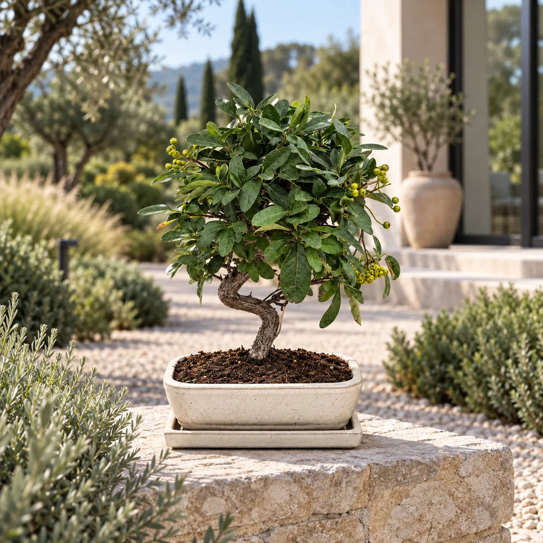 Bonsai Pyracantha Coccinea di 9 anni in vaso rettangolare chiaro, ambientato in un giardino mediterraneo