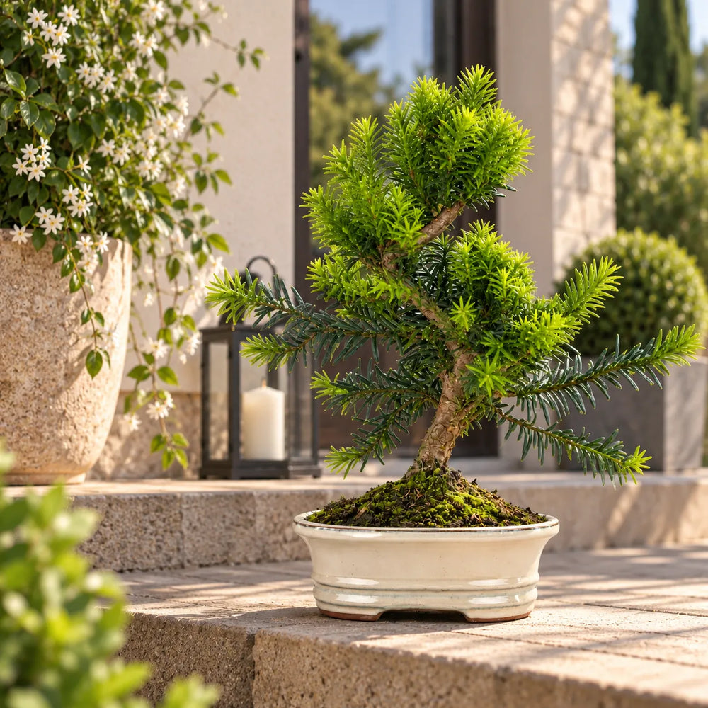 Bonsai Taxus Media di 9 anni con chioma verde e tronco modellato, in vaso bonsai ovale bianco ambientato in giardino