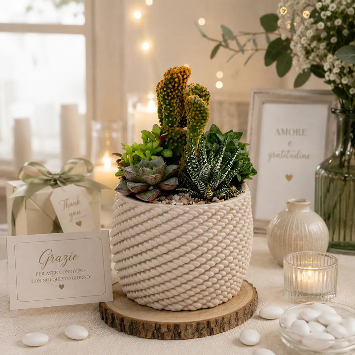 Composizione di piante grasse e cactus in vaso artigianale Carina utilizzata come centrotavola elegante per matrimonio, con decorazioni floreali e candele.