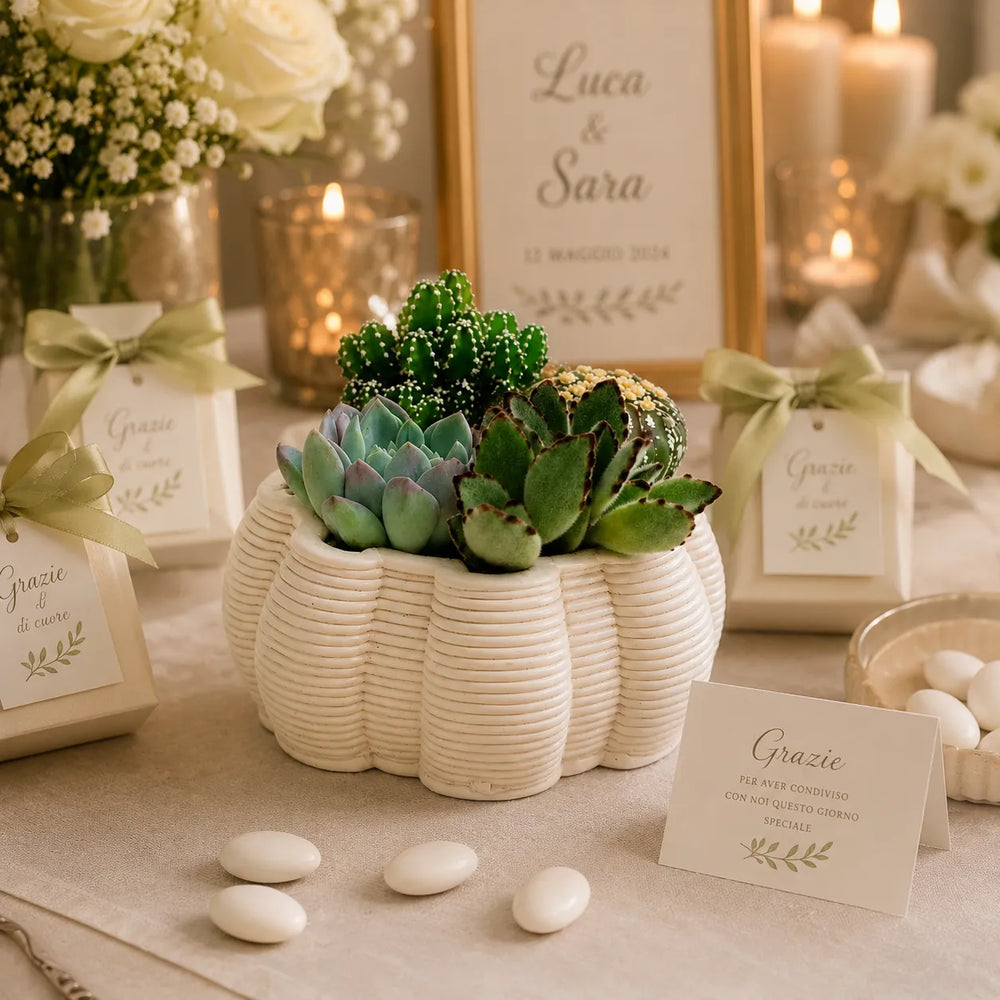 Composizione di cactus e succulente in vaso artigianale Iris bianco, perfetta come centrotavola naturale per eventi, matrimoni e ambienti raffinati.