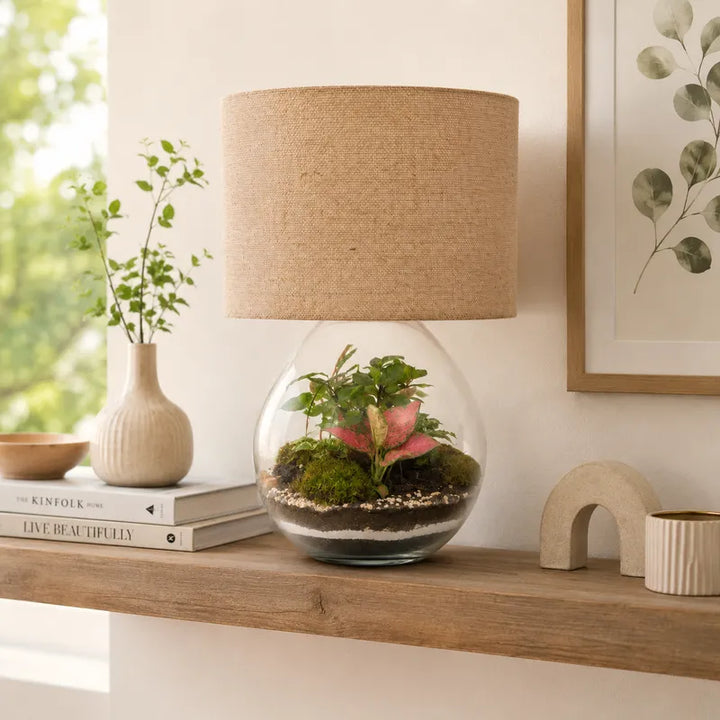 Lamparium Aida con paralume cilindrico in juta e base terrarium in vetro con piante verdi, Fittonia rosa e muschio, inserito in un soggiorno luminoso.