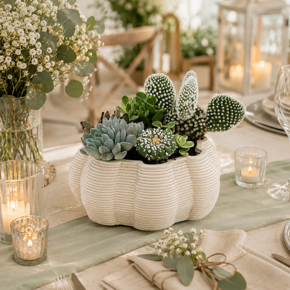Composizione di piante grasse e cactus in vaso di ceramica artigianale Iris ideale come centrotavola elegante per matrimonio o arredo interno.