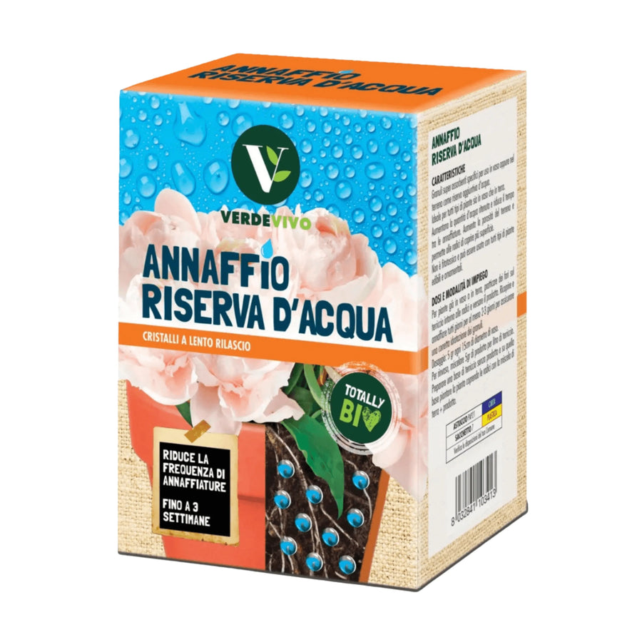 Confezione di cristalli a lento rilascio Verdevivo Annaffio Riserva d’Acqua, caratterizzata da un design con fiori rosa e gocce d’acqua su sfondo azzurro. Prodotto bio che riduce la frequenza di annaffiature fino a 3 settimane, indicato per mantenere il terreno idratato.