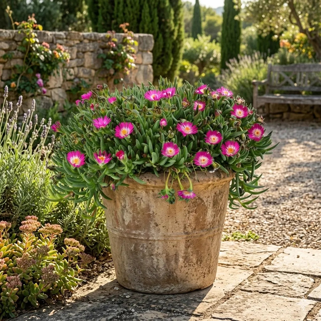 Delosperma Tricolor - pianta con fiori rosa coltivata in vaso di terracotta in giardino