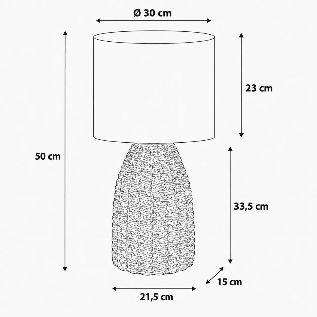 Schema tecnico con misure del lume artigianale Fira, altezza totale 50 cm e paralume cilindrico da 30 cm di diametro.