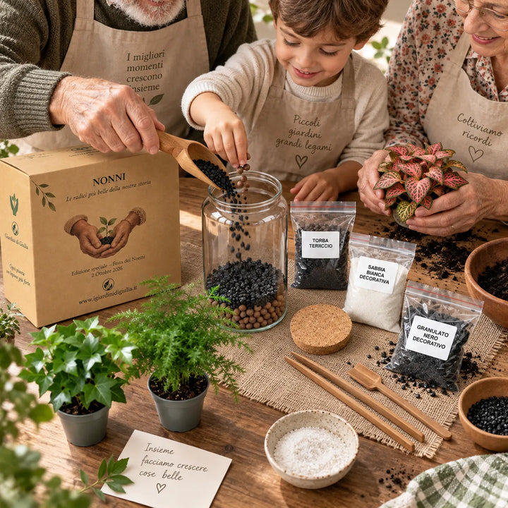Nonni e nipote compongono insieme il Kit Terrarium fai da te piccolo con piante, vaso in vetro e materiali per la composizione