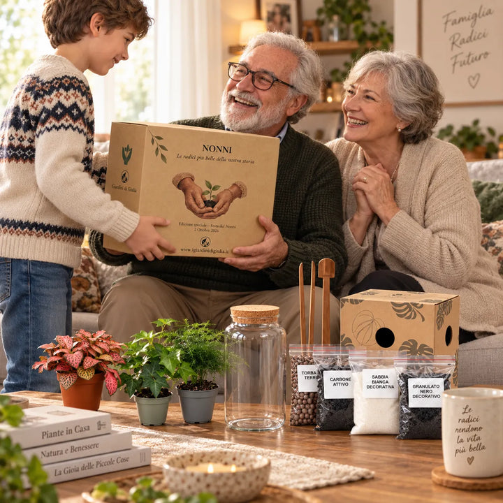 Nipote regala ai nonni il Kit Terrarium fai da te piccolo completo di piante, vaso in vetro, substrati e accessori
