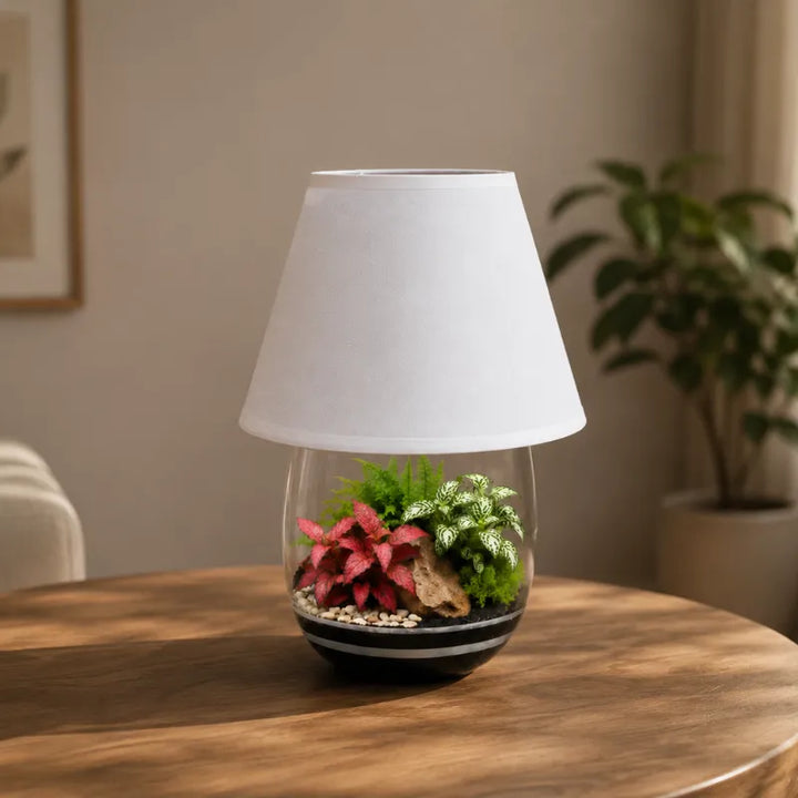 Terrarium Lamparium Oasi Lux Elegant con piante tropicali decorative posizionato su tavolo da soggiorno moderno come elemento d'arredo naturale.