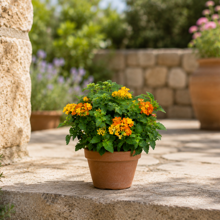 Pianta di Lantana con foglie verdi e piccoli fiori gialli e arancioni in vaso terracotta da esterno.