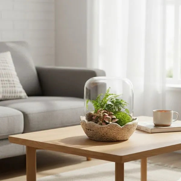 Mini terrarium con felci e piante decorative sotto campana di vetro su tavolino in legno in soggiorno moderno, ideale come centrotavola green.