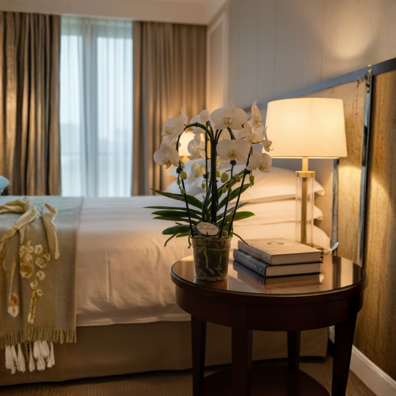 Orchidea Phalaenopsis bianca su comodino in camera da letto, pianta raffinata ideale per arredare ambienti interni