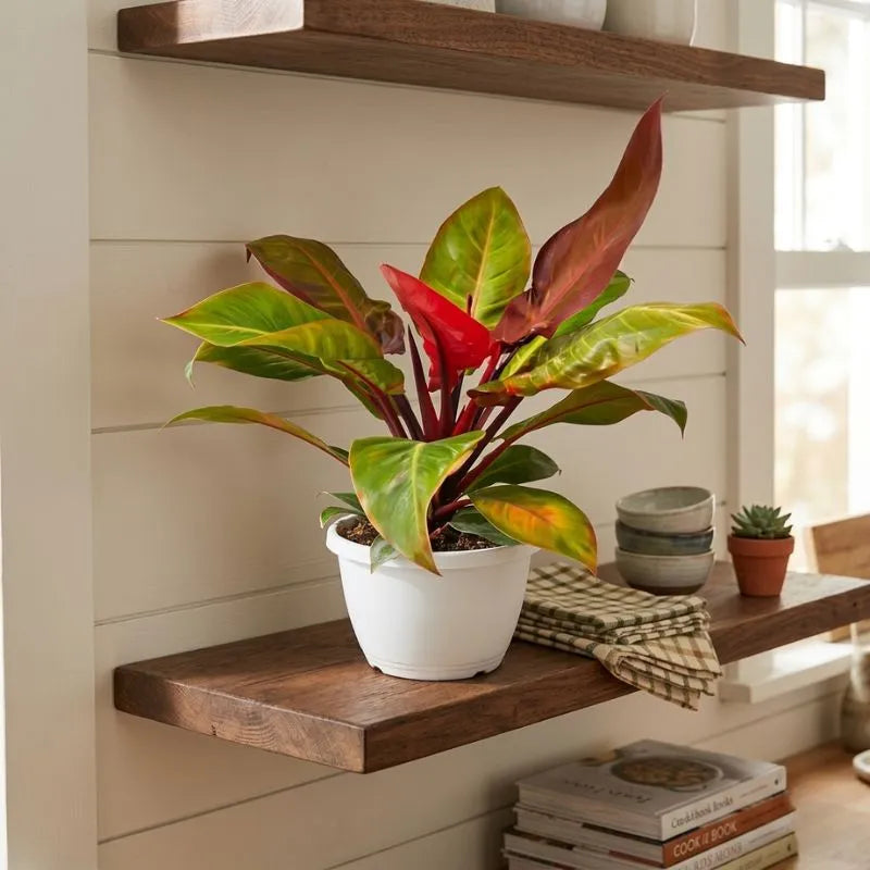 Philodendron Orange - vista ravvicinata del fogliame variegato arancio e verde