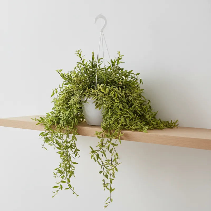 Pianta ricadente variegata in vaso sospeso su mensola in legno, pianta da interno con foglie verdi e crema