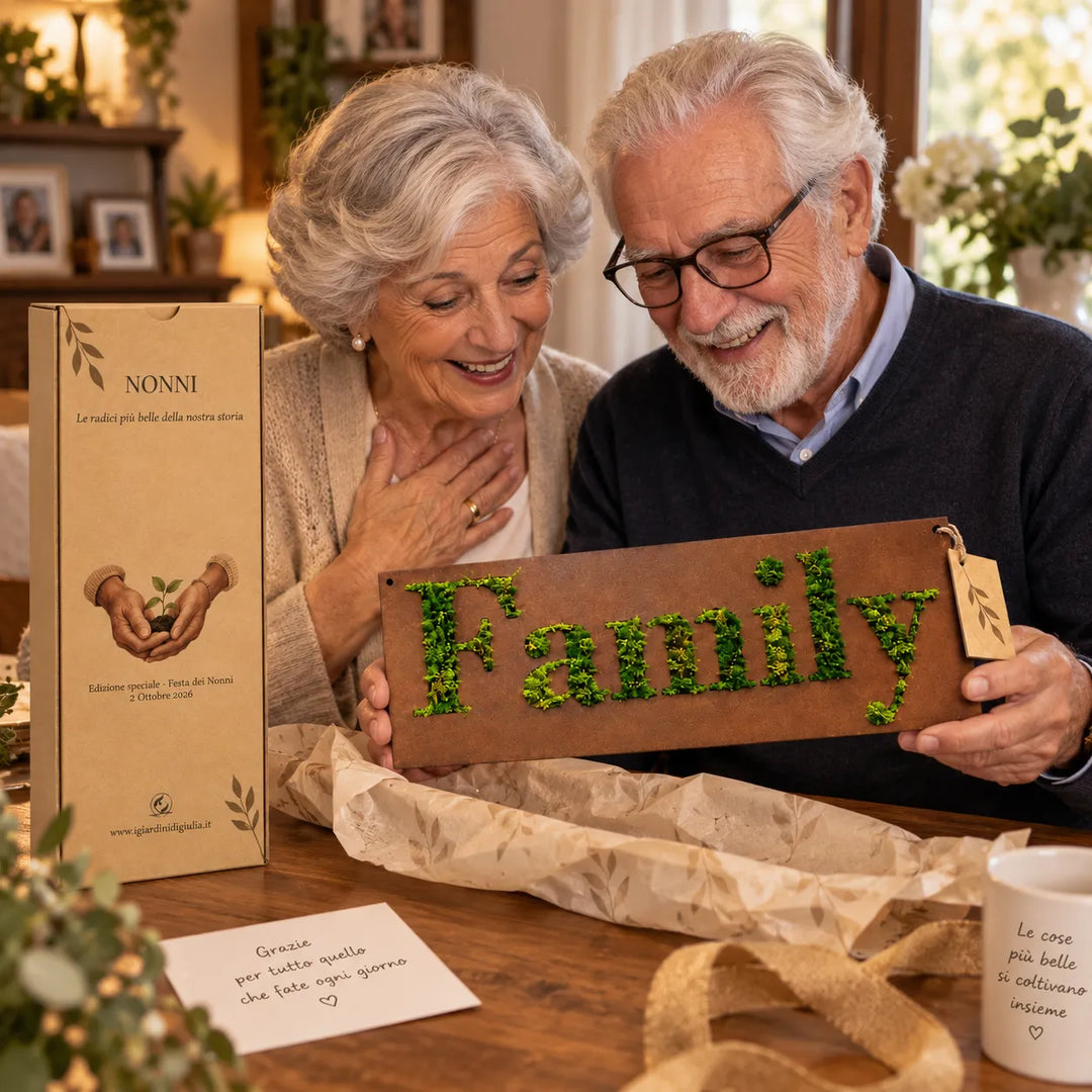 Coppia di nonni con quadro FAMILY rettangolare 40x18 cm in muschio stabilizzato e scatola regalo dedicata alla Festa dei Nonni