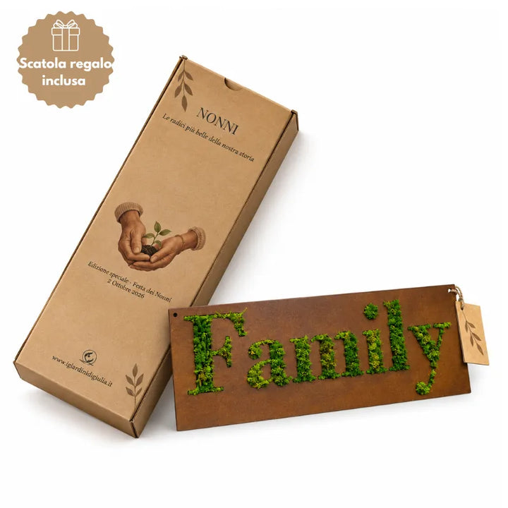 Quadro FAMILY rettangolare 40x18 cm in muschio stabilizzato con scatola regalo inclusa su sfondo bianco