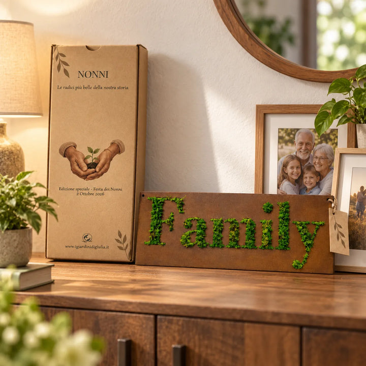 Quadro FAMILY rettangolare con lettere in muschio stabilizzato, esposto con scatola regalo in ambiente interno