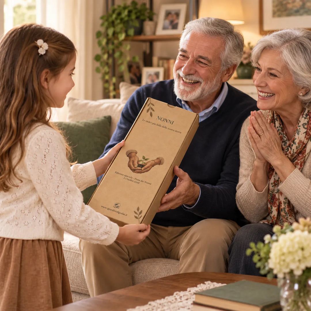Bambina che dona ai nonni la scatola regalo del quadro FAMILY in muschio stabilizzato 40x18 cm