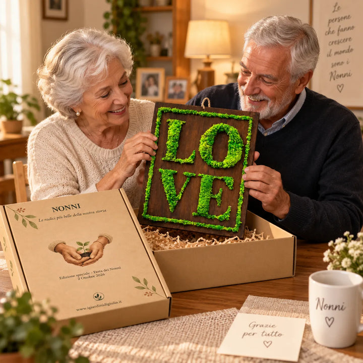 Coppia di nonni con quadro LOVE in muschio stabilizzato appena aperto dalla scatola regalo