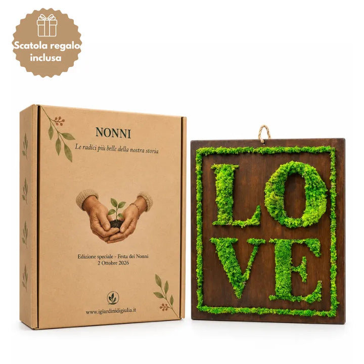 Quadro decorativo LOVE realizzato con muschio stabilizzato e scatola regalo inclusa per la Festa dei Nonni