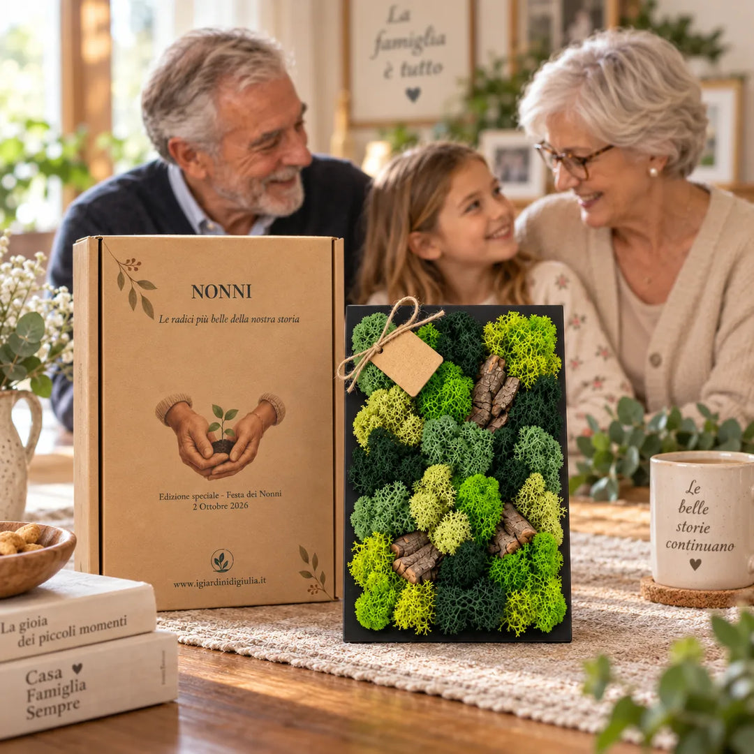 Quadro Mini in muschio e licheni stabilizzati con scatola regalo, presentato in ambiente familiare per la Festa dei Nonni