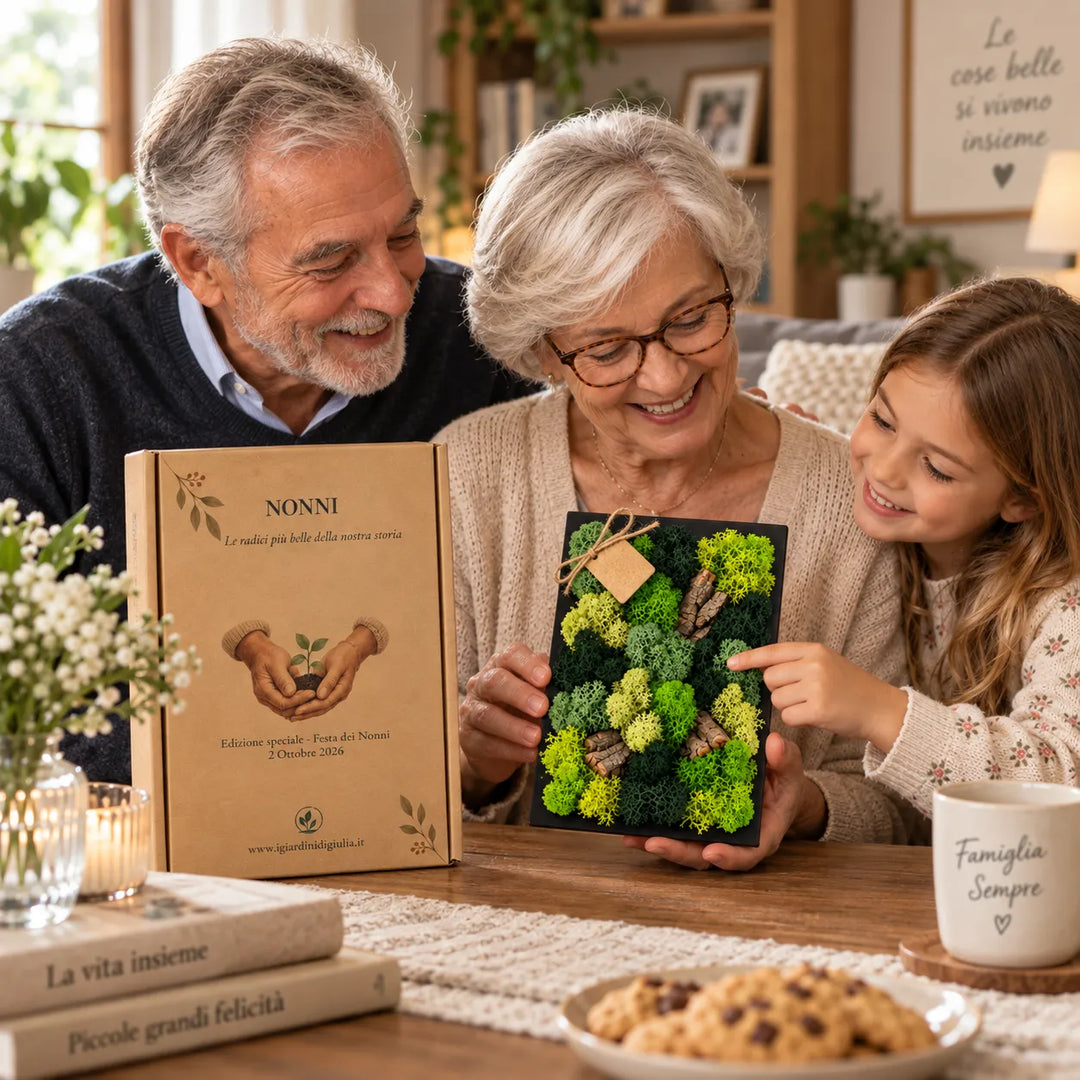 Nonni con nipotina e Quadro Mini in muschio e licheni stabilizzati 14,5x24,5 cm con confezione regalo